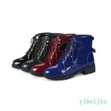 Lady Women's Shiny Leather Ankle Boots Dress Shoes Motorcycle Lace Up Plus Size