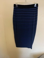 Women’s Midi Skirt Black/Blue Striped Size Small M Rayon Made In USA