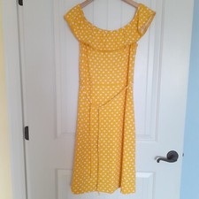 Boden Bethany Off The Shoulder Cotton Slub Dress Yellow Polka Dot Size 12L Tall