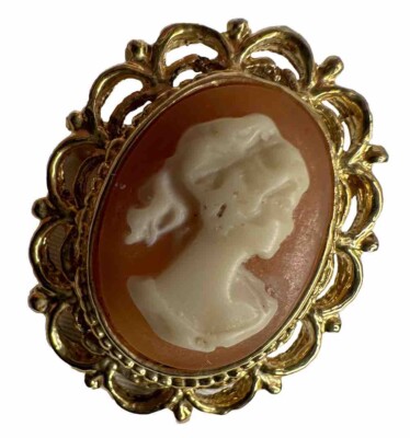 Vintage Miriam Haskell Hand Carved Cameo Brooch Pendant Gold Tone VTG 