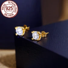 1 Carat Gold Plated Round Cut CZ Stud Earring 925 Sterling Silver Luxury Jewelry