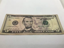 US 2013 $5 Dollar Bill Star Note Federal Reserve Star Low Run