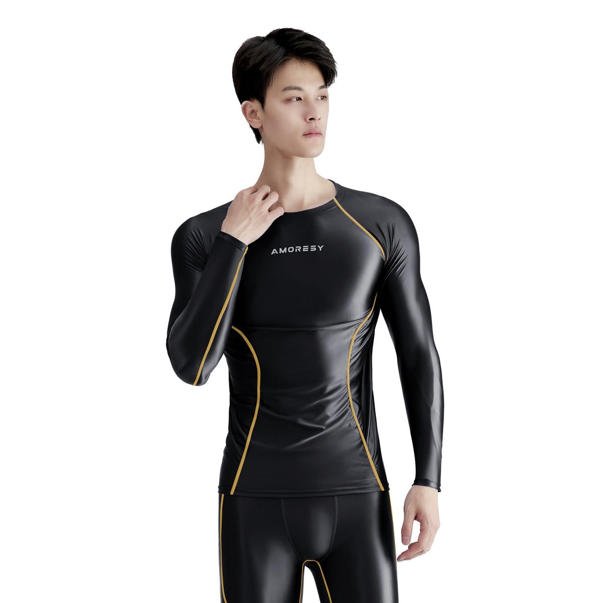 AMORESY Men Satin Shiny T-Shirts Long Sleeve Stretch Running