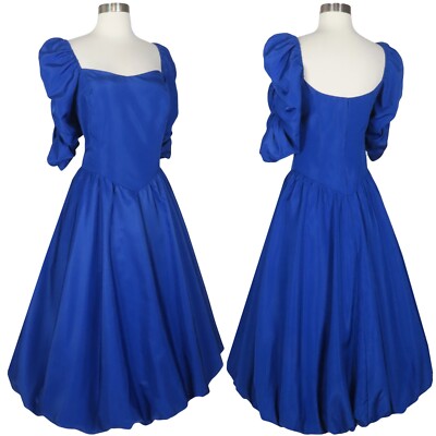 Vintage 80s Royal Blue Puff Sleeve Full Bubble Skirt Prom Party