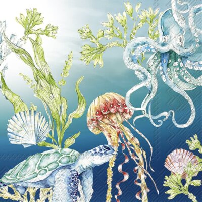 20 Servietten ''Deep blue Sea'' Tiefsee Oktopus Meer Muschel Schildkröte 25 o. 33