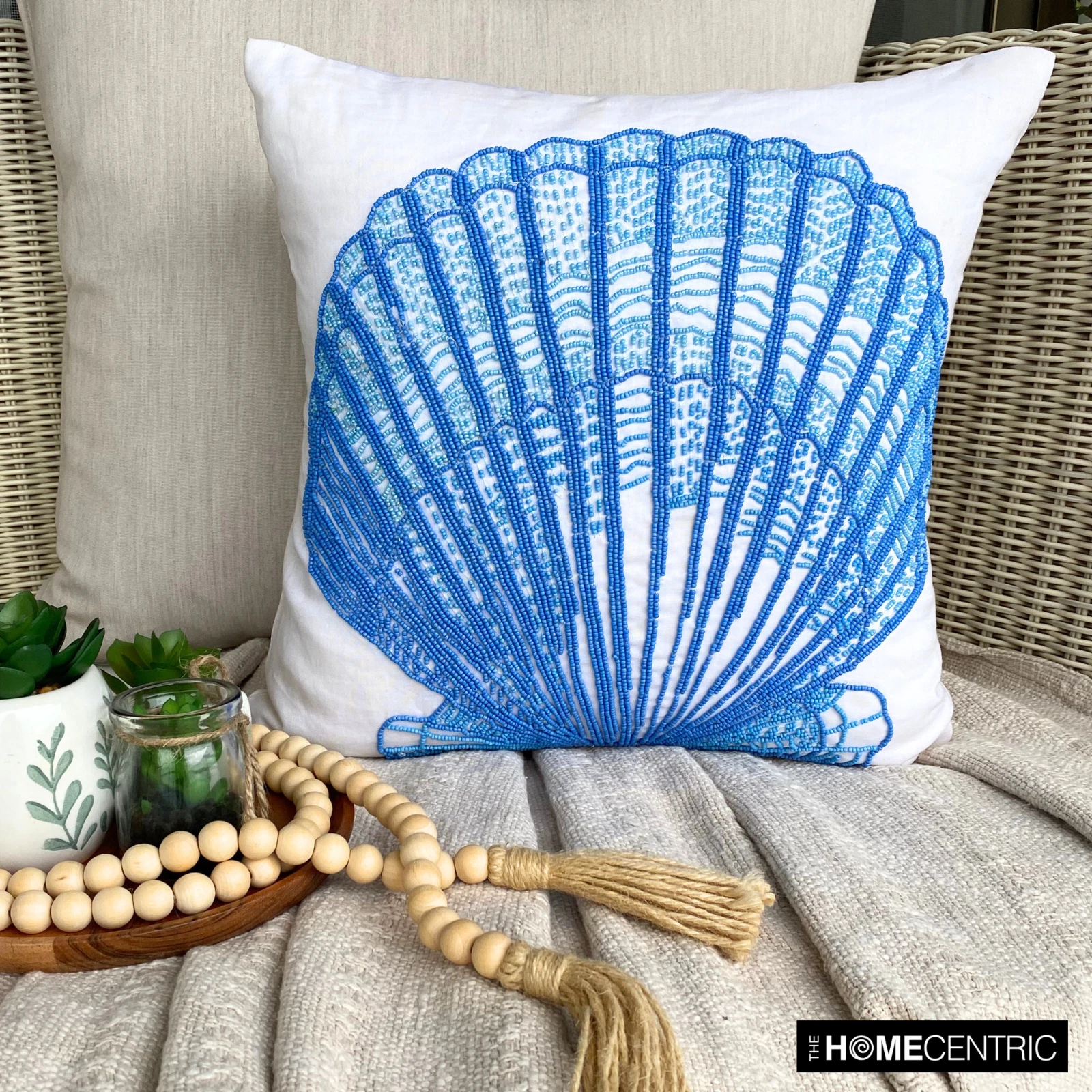 Sofa Cushion Case Blue 16"x16", Square Cotton Oyster Shell Beaded - Oyster Bay