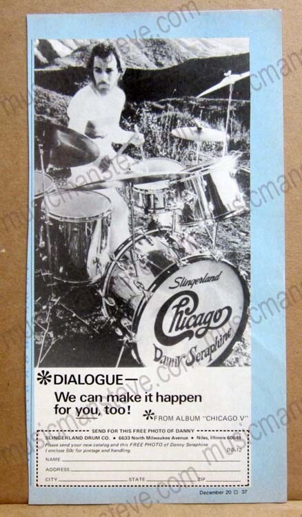 1970s SLINGERLAND DRUM print ad - Chicago Drummer DANNY SERAPHINE & kit