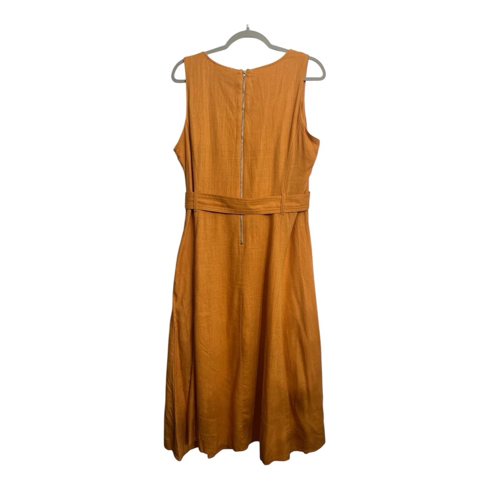 Julian Taylor Sleeveless Midi Dress 14W Orange Linen Blend Belted Pockets Modern - Image 2 of 4