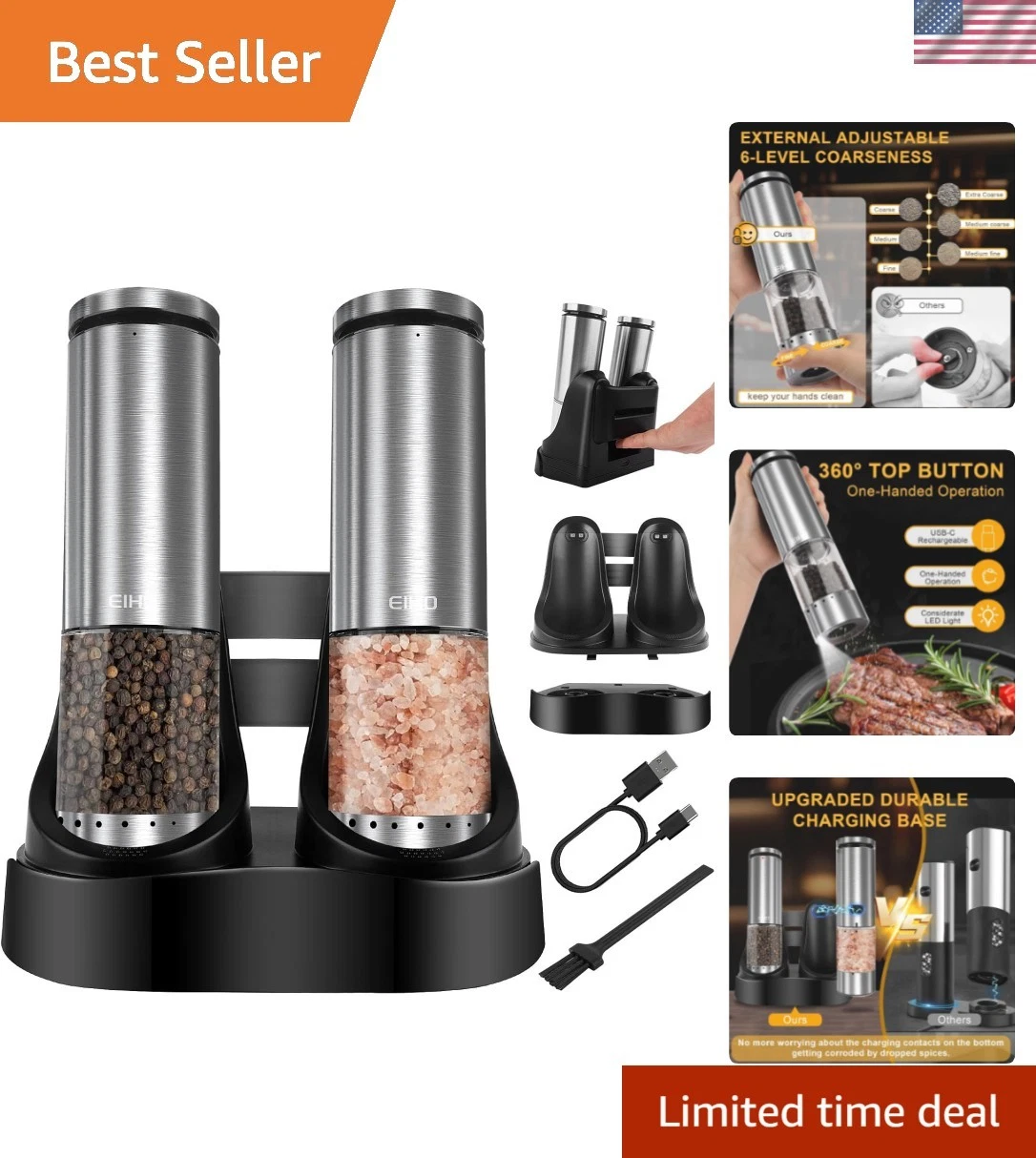 Electric Salt and Pepper Grinder Set USB Rechargeable, Upgraded External Adju...