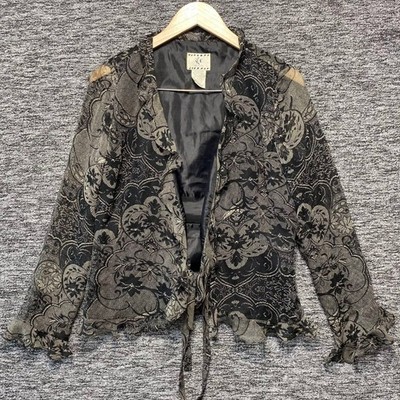 Vintage ICE Petite Silk Ruffle Tie Front Blouse Jacket Whimsigoth Black Gold PM