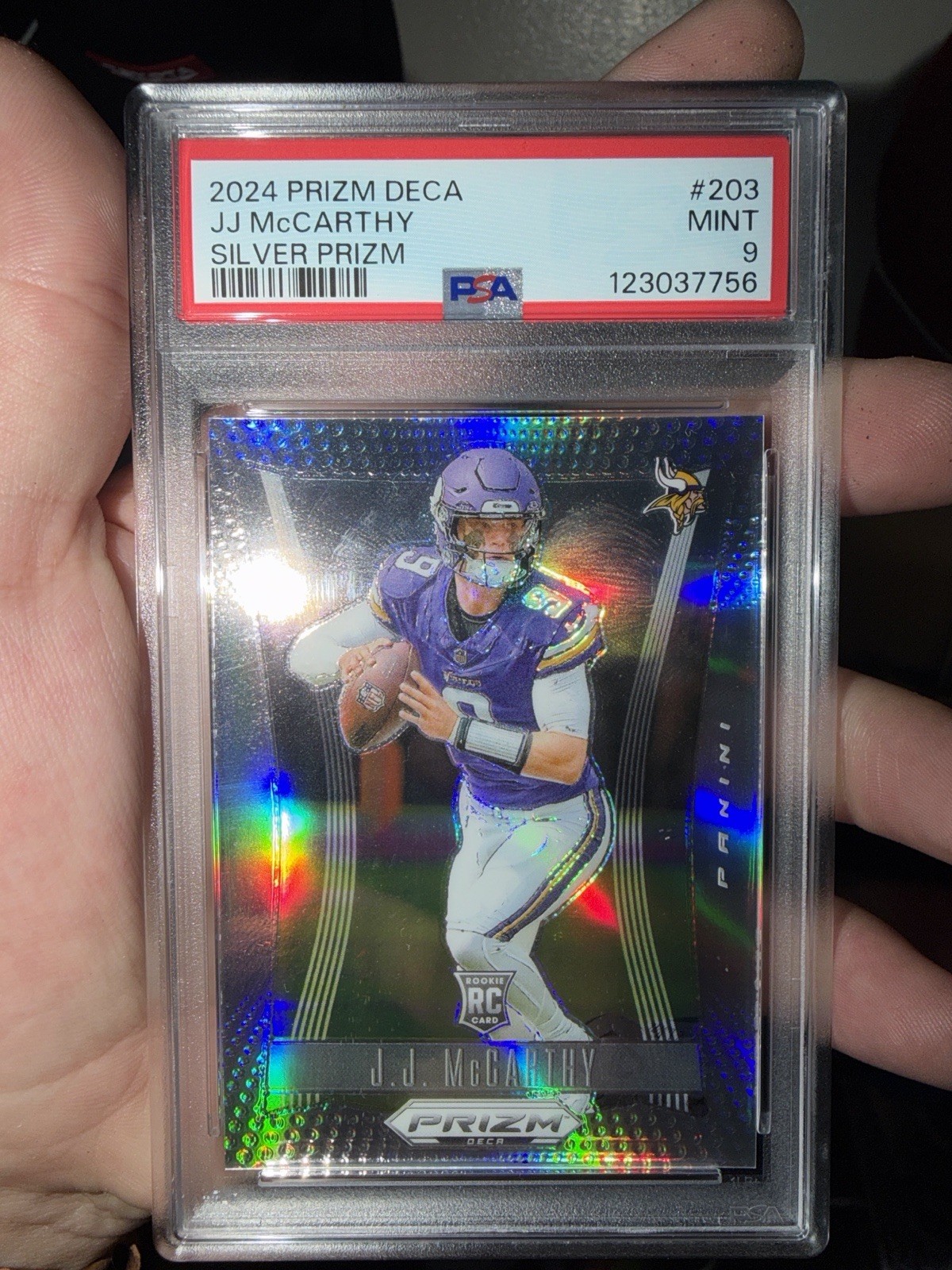 Panini 2024 Prizm Deca J.J. McCarthy Rookie Silver Prizm #203 PSA 9