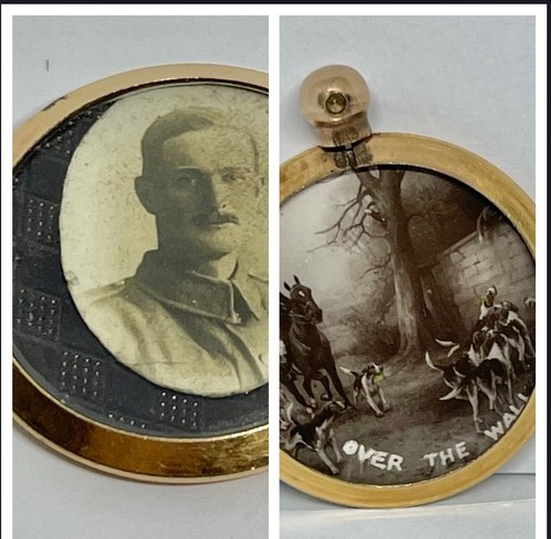 Medaglione foto lutto doppio Momento Mori soldato e scena caccia art deco prima guerra mondiale - Foto 1 di 7