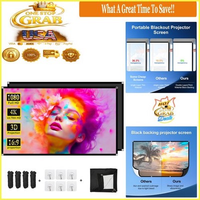 84 Inch Portable Indoor Outdoor Projector Screen Black Backing 4K HD