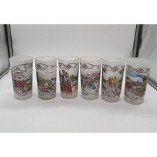 Classic Vintage Currier & Ives Frosted Tumblers Set Of 6, British Scenes