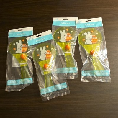 Way to Celebrate Easter Bunny Paddle Ball Set 4 Pack Green Orange White Yellow