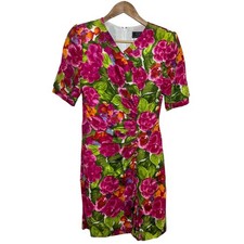 1990's Carolina Herrera Neiman Marcus 100% Silk Ruched Floral Short Sleeve Dress