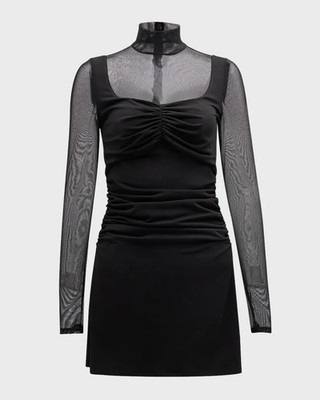 Cinq à Sept Beren Illusion Yoke Mini Dress 8 Black Slim Mesh Turtleneck $395