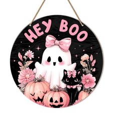 Halloween Wreath - Pink Halloween Decor - Cute Boo Ghost Black Cat Halloween 03