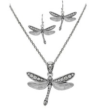Vintage Style Metal Dragonfly Pendant Necklace and Earrings Set
