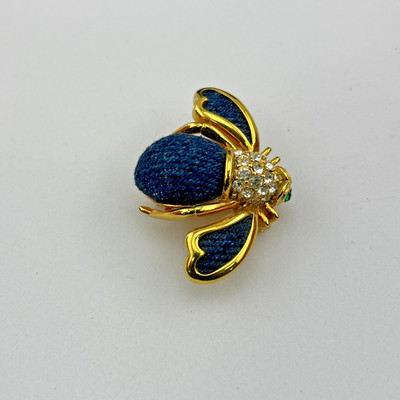 Joan Rivers Denim & Rhinestone Bumble Bee Pin Brooch