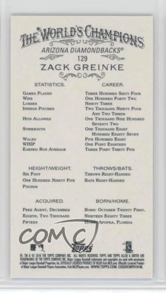 2016 Topps Allen & Ginter X Mini Zack Greinke #129 - Image 2 of 2