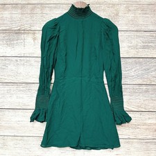 Reformation Archie Mini Dress Green Size 0 Mock Neck Smocked Cuff Ruffle Hem NWT