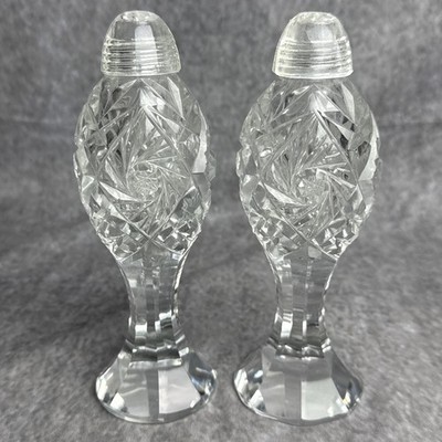Vintage Czech Bohemian Cut Crystal Tall Salt & Pepper Shakers 6 1/2 