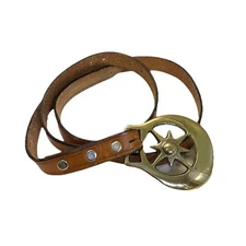 Vintage Western Leather Belt Womens Brown Gold Star Starburst MCM Buckle Thin 30