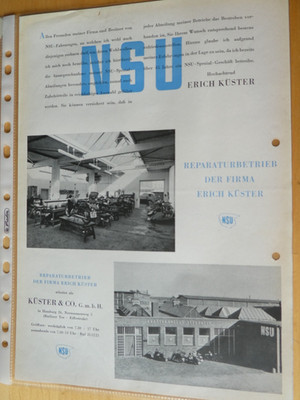 original NSU Mitteilung Prospekt NSU HÄNDLER Erich KÜSTER Hamburg Spezialbetrieb