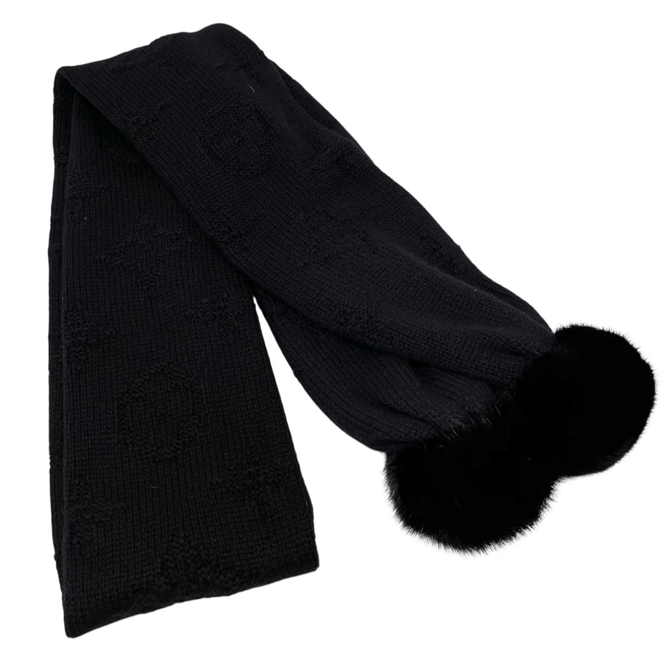 LOUIS VUITTON Vintage LV Monograma Logo Tejido Bufanda Chal Envoltura Piel Negro Cachemira Foto 4 de 4