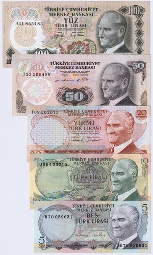 Set banconote Turkiye, 5 10 20 50 100 lire anni 70-80 (da AU a UNC) #1276# - Foto 2 di 3