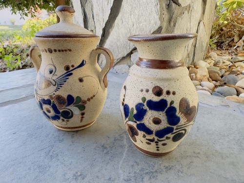 Tonala Sandstone Mexican Pottery Bird Folk Art Set Signed JC 7” & 5.5” Tall