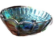 1960'S Blue Iridescent Carnival Indiana Glass 4 toed Oval Fruit Platter Bowl