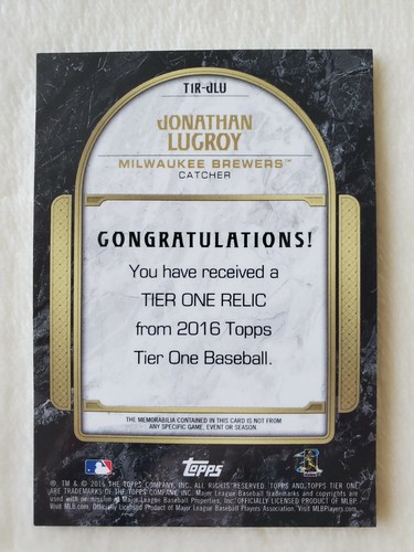 2016 Topps Tier One Relics #T1RJLU Jonathan Lucroy/299 - Picture 4 of 6