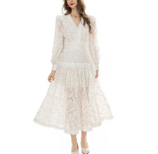 Floral Lantern Long Sleeve Dress Women's V-neck Slim Fit Party Ball Gown A-line