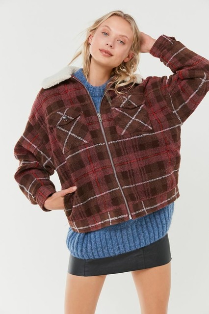 NWT Urban Outfitters Sherpa Lined Checkered Harrington Zip Up Jacket