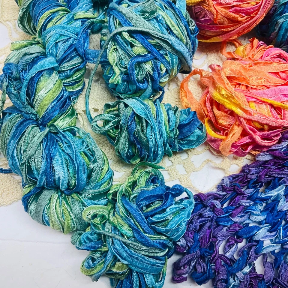 Mango Moon Silk Ribbon Yarn Lot ofAssorted Colors &Knit Scarf Vintage Space Dyed - Image 3 of 4