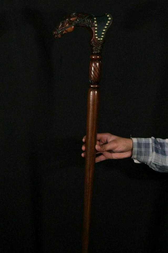 Bastón de madera arte a mano caballo con silla de montar madera y cuero trabajo  Foto 4 de 4