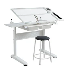Drafting Table w/Tilting Glass Tabletop,Adjustable Drawing Desk w/Drawers &Stool