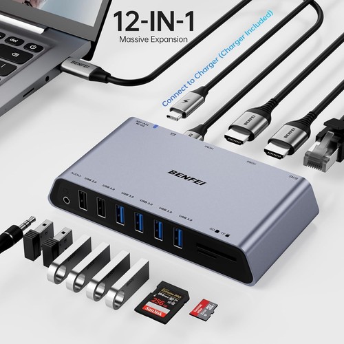 BENFEI 12-in-1 USB Universal Docking Station with Dual HDMI, Ethernet, SD Reader - 第 5/8 張圖片