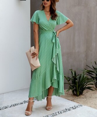 green polka dot wrap dress Sunny Angela Women's Polka Dot Smocked High Waist Lacy Neckline Maxi Dress