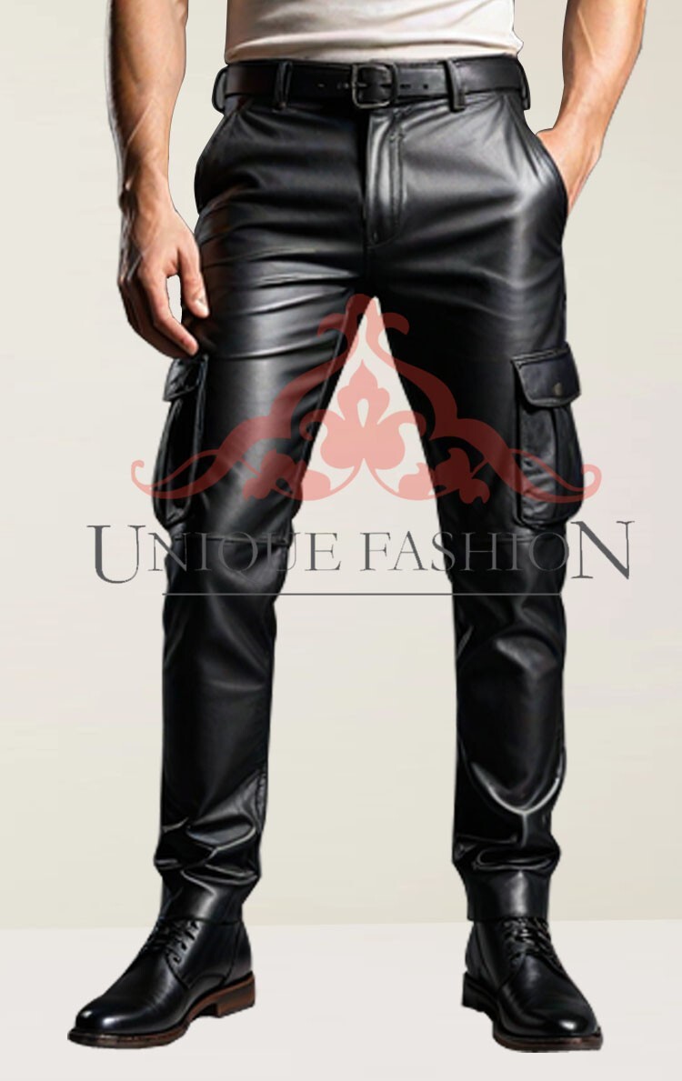 Men’s Black Leather Biker Cargo Pants with Functional Ptyle Pockets