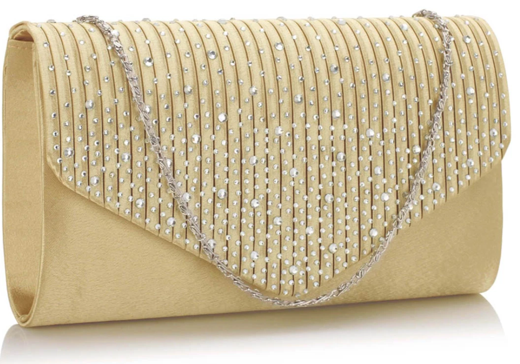 Nude Gold Diamante Crystal Evening Party Bridal Prom Clutch Bag Purse Handbag UK