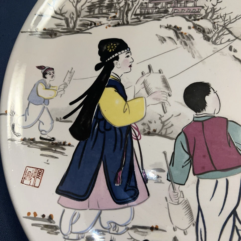 手绘 Chin Heung 12 英寸充电器,韩国,男人和男孩飞行风筝罕见复古 — 第 2/4 张图片