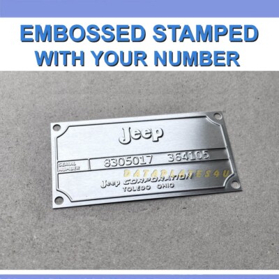 CJ5 1971-1972-1973 Data Plate Tag Jeep Corporation & embossed with