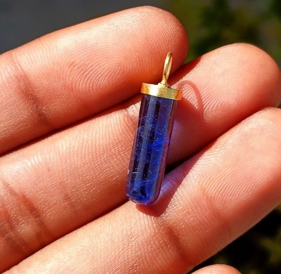 Natural Pencil Blue Sapphire Gold Charm, 18k Solid Gold Handmade Charm Pendant