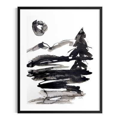 Original Minimalist 9x12 Landscape Acrylic Painting Black White Paper Signed Art