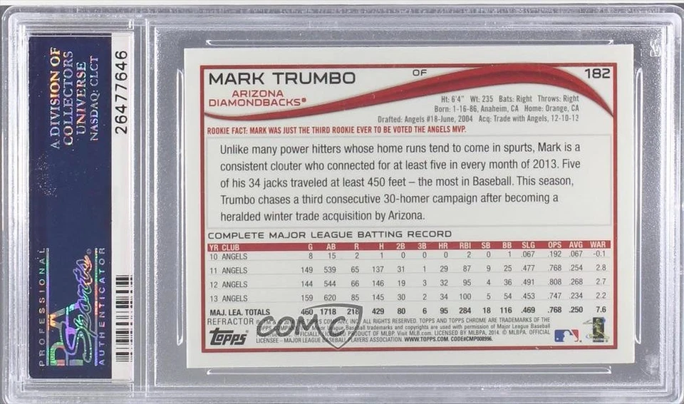 2014 Topps Chrome Retail Purple Refractor Mark Trumbo #182 PSA 9 MINT - Image 2 of 2