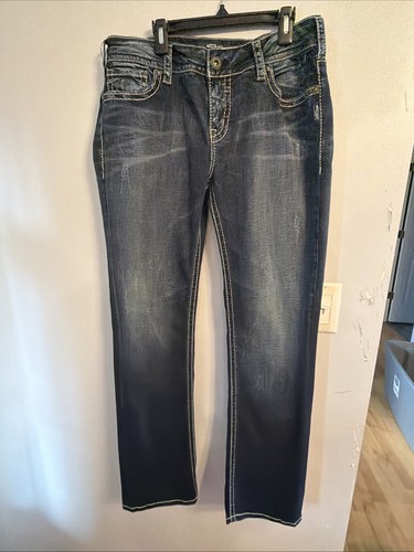 Silver Jeans Suki Mid Straight Dark Denim Jeans Distressed Excellent