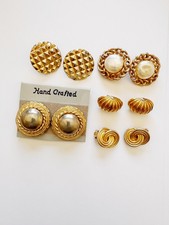 Vintage Clip On Earrings Lot 5 Pairs Gold Tone Pearl Geometric Ribbed Retro